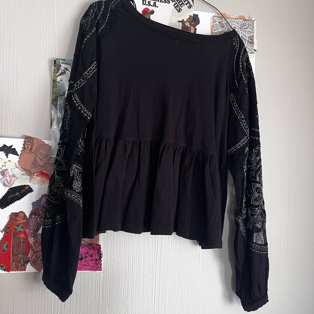 Free People Black Blouse with Embroidered Sleeves